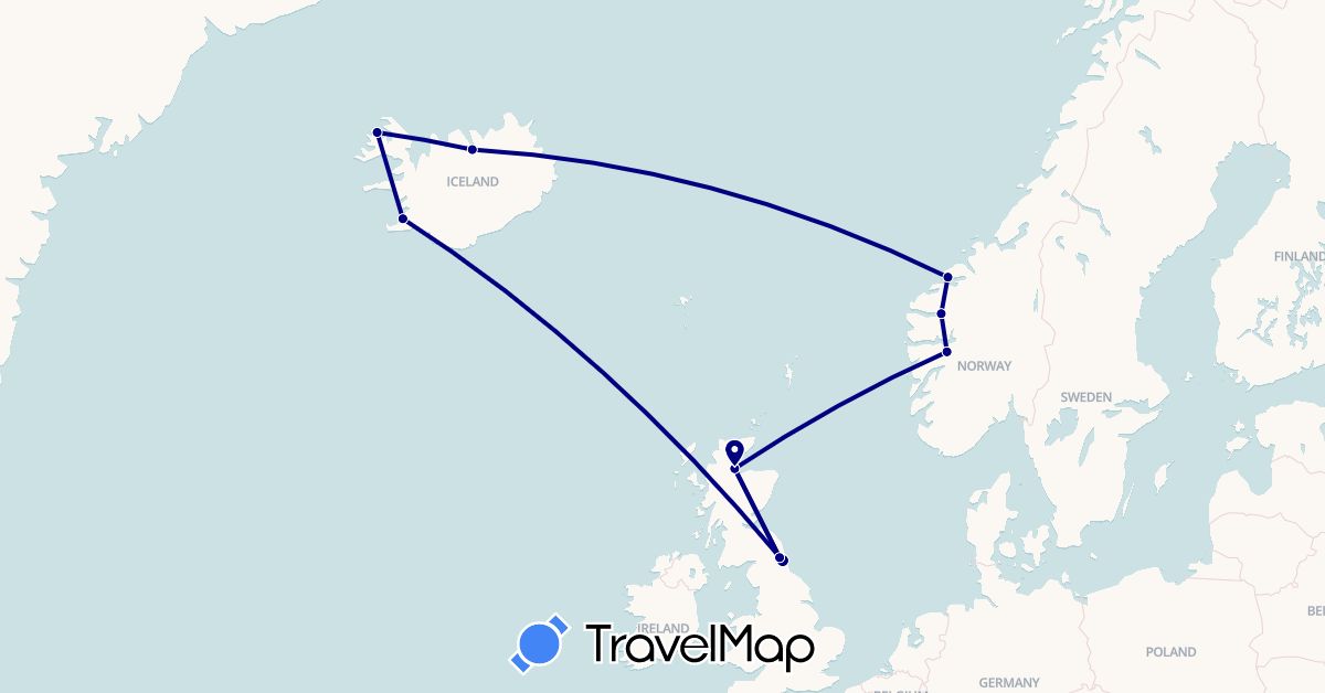 TravelMap itinerary: driving in United Kingdom, Iceland, Norway (Europe)